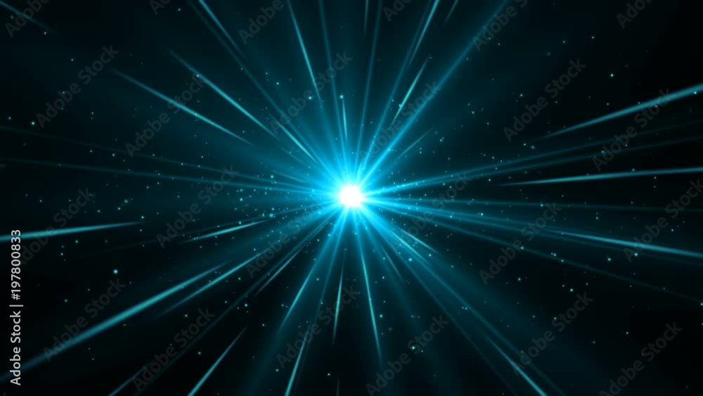 Poster blue burst in center with beams of light and particles. magic rays with dust. seamless loop abstract