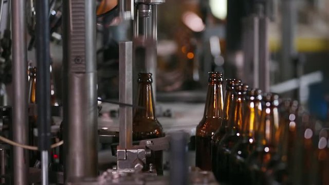 Electronics checks the quality of bottle on glass factory. Sorting beer bottles. Quality control of glass bottles. Technological line for bottling of beer in brewery. Beer bottle factory. Close up.