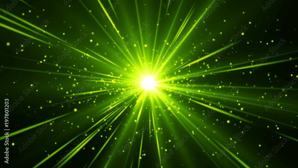 Poster green abstract loopable background with beams of light come from center. magic shine particles.