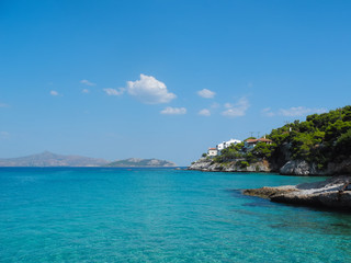 View of sea and houses on Agistri island beach 