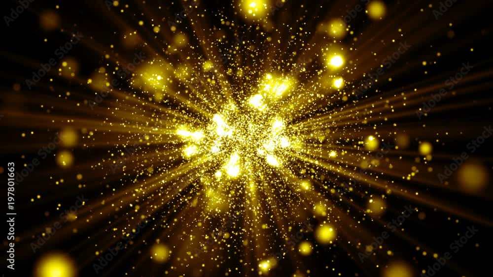 Poster abstract golden background with sparks and rays of light come from center. seamless loop.
