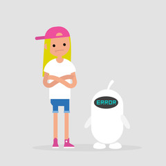 Error. New technologies.  Miscommunication between young millennial character and a robot. Flat editable vector illustration, clip art
