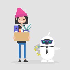 Upset employee fired by a robot. Competition between human brain and artificial intelligence. Technology. Concept. Flat editable vector illustration, clip art