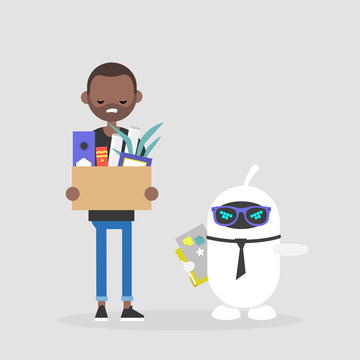 Upset employee fired by a robot. Competition between human brain and artificial intelligence. Technology. Concept. Flat editable vector illustration, clip art