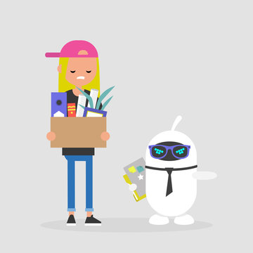Upset employee fired by a robot. Competition between human brain and artificial intelligence. Technology. Concept. Flat editable vector illustration, clip art