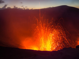 Watching an Erupting Volcano with the Sunset whilst Lava Explodes in Vanuatu, Mt Yassur, Tanna...