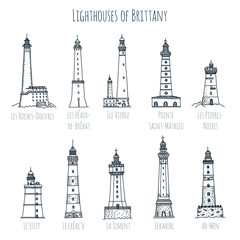 Set of hand drawn vector sketch style famous lighthouses of Brittany - obrazy, fototapety, plakaty