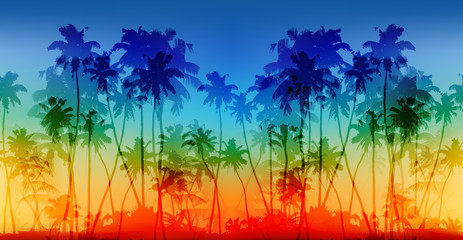 Fototapeta na wymiar Rainbow colors palms silhouettes vector vintage seamless background