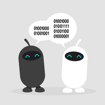 Digital conversation between two cute robots. Data exchanging, conceptual illustration. Flat editable vector, clip art