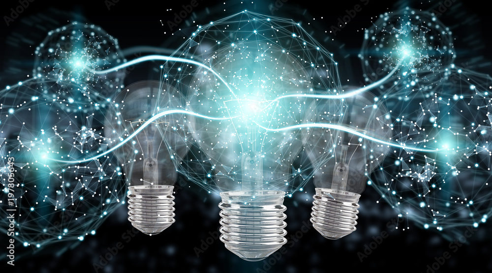 Poster bright lightbulb illuminating other bulbs 3d rendering