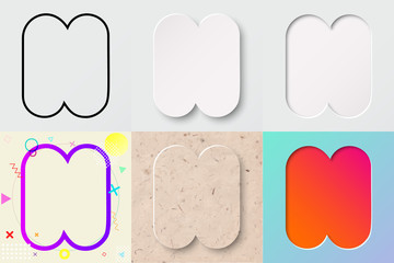 vector illustration set of cute bold rounded letter n with outline, 3d paper cut, embossing, neo memphis, kraft paper, summer sunset sky gradient effect with transparent shadow