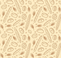 Vector doodle sketch style breads and baguettes bakery seamless pattern