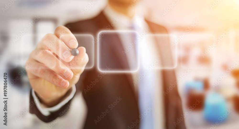 Wall mural businessman surfing on internet with digital tactile interface 3d rendering