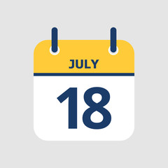 Flat icon calendar 18th of July isolated on gray background. Vector illustration.