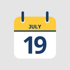 Flat icon calendar 19th of July isolated on gray background. Vector illustration.