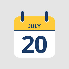 Flat icon calendar 20th of July isolated on gray background. Vector illustration.