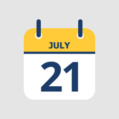 Flat icon calendar 21st of July isolated on gray background. Vector illustration.