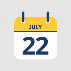 Flat icon calendar 22nd of July isolated on gray background. Vector illustration.