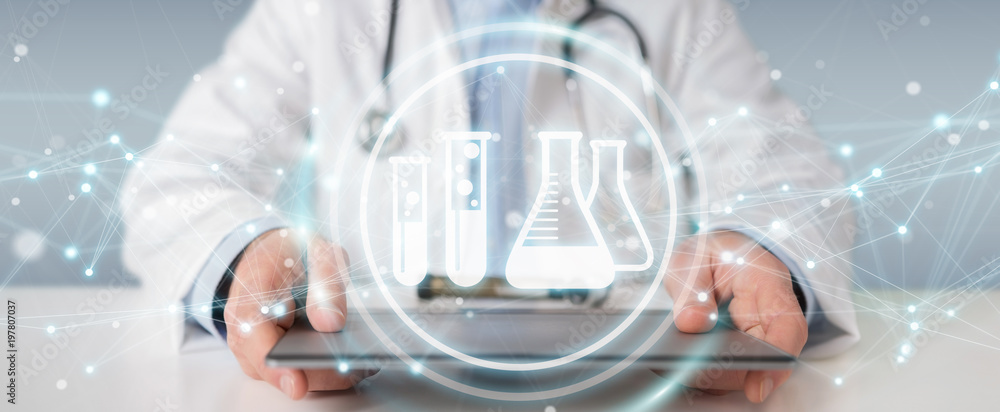 Poster doctor holding digital analysis result icons 3d rendering