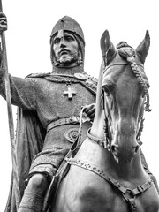 Obraz premium Detailed view od Statue of Saint Wenceslas, Wenceslas Square, Prague. Black and white image.