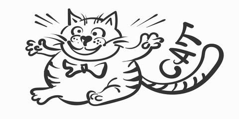 Happy cat, drawing. Cartoon black icon on white backdrop. Doodle cartoon style. Animal print. Cute cat for your design, vector