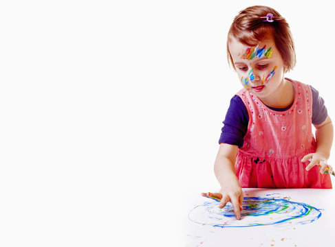 Art in Child Development. Сute little girl learning to paint. Creativity, education, childhood concept.