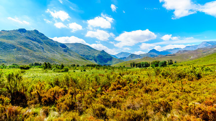 View from the southern end of the Franschhoek Pass, beside the Theewaterkloofdam, looking toward the Wemmershoek and Franschhoek Mountain ranges in the Western Cape province of South Africa