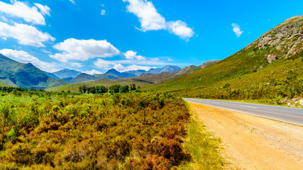 View from the southern end of the Franschhoek Pass, beside the Theewaterkloofdam, looking toward the Wemmershoek and Franschhoek Mountain ranges in the Western Cape province of South Africa