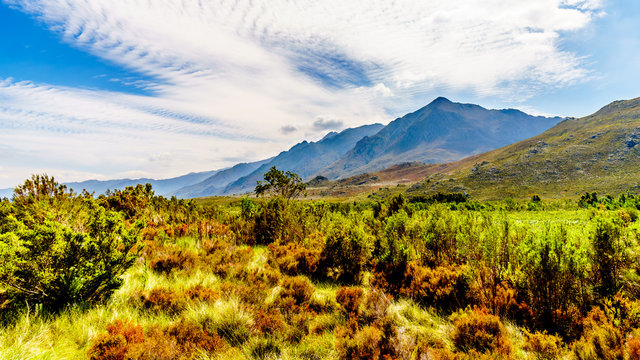 View from the southern end of the Franschhoek Pass, beside the Theewaterkloofdam, looking toward the Wemmershoek and Franschhoek Mountain ranges in the Western Cape province of South Africa