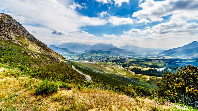 Spectacular view of Franschhoek Pass, also called Lambrechts Road R45, which runs along Middagskransberg between Franschhoek and Villiersdorp in the Western Cape Province of South Africa