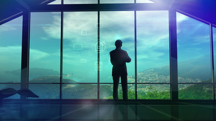 Fototapeta na wymiar Men in the huge office in front of large windows. 3D illustration