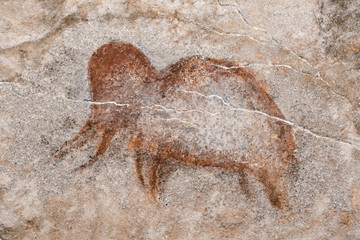 a drawing of an ancient mammoth on a cave wall, made with ocher. history. archeology.