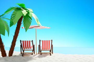 Two sun loungers under a palm tree on the sandy coast. Sky with copy space