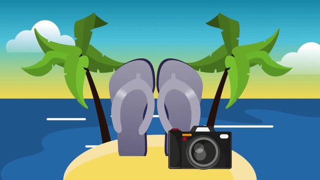 Flip flops and camera on island simbolizing summer High Definition colorful scenes