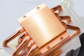 Concept of air cooling of the central processor of a computer Aluminum radiator with copper heat...