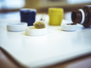 close up of paint brush on a white sheet near the paint tin