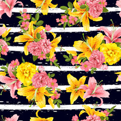 pink Rose and lily seamless pattern Vector