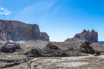Active Volcano at White Island New Zealand. Volcanic Sulfur Crater Lake