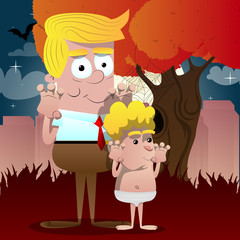 Happy smiling successful businessman and father is trying to scare you with his son. Vector cartoon character illustration.