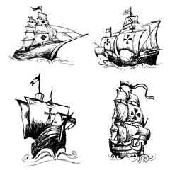 set of columbus ship doodle hand drawn - obrazy, fototapety, plakaty