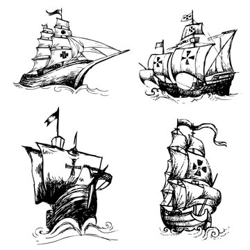 Set Of Columbus Ship Doodle Hand Drawn