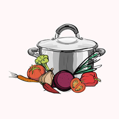 Cooking Sketch. Kitchen pan and raw vegetables