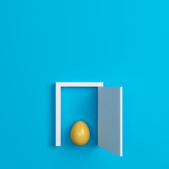 colorful easter eggs and door on blue background.Space for text. 3d rendering