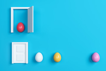 colorful easter eggs and door on blue background.Space for text. 3d rendering