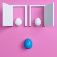 colorful easter eggs and door on pink background. 3d rendering