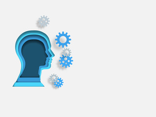 Curvilinear form of human brain and group of 3d gears. Volumetric multilevel cut from a paper of human head. Business concept of innovation. Creative idea. Technology background. Vector illustration.