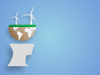 White turbines on half size of the earth above human head model represent concept of environmental saving and eco system. Business concept and innovation. Technology background. Vector illustration