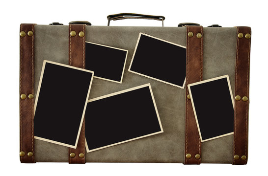 Image of old vintage luggage with blank photos for photography montage mockup isolated on white.