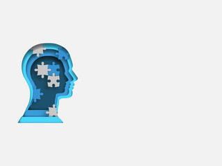 Curvilinear form of human brain containing jigsaw. Volumetric multilevel cut from a paper of human head. Business concept. Creative idea. Technology background. Vector illustration.