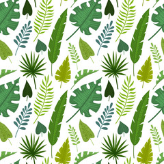 Naklejka na ściany i meble Seamless pattern with tropical flowers and leaves doodle style, design for postcard and invitation. Vector